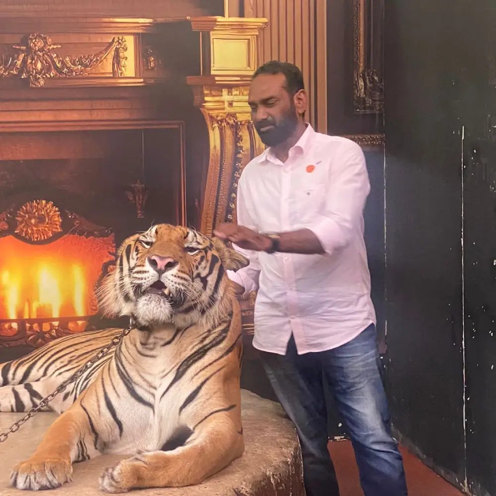A traveller beside a tiger statue on one of our tours